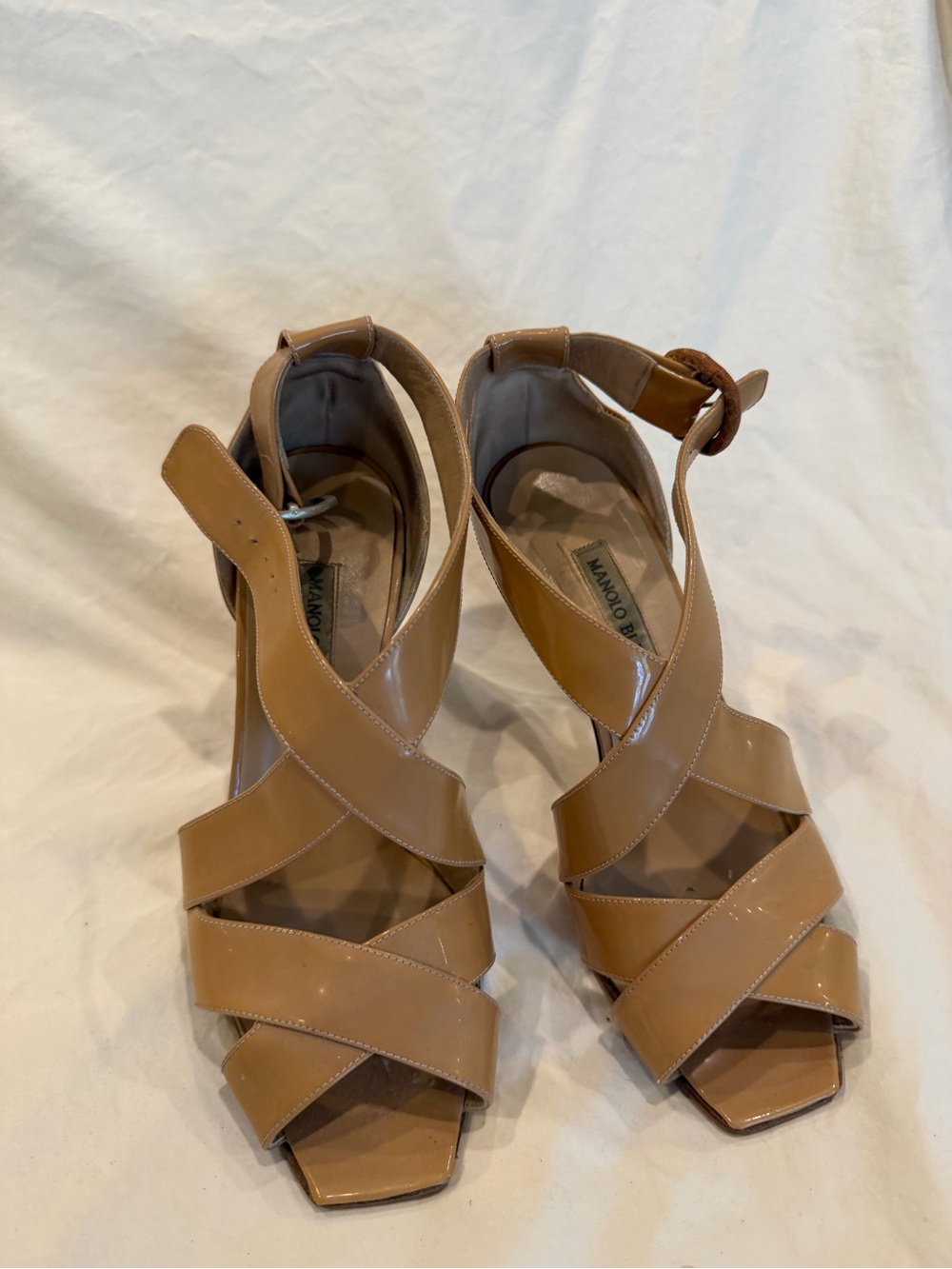 Manolo Blahnik Beige Patent Leather Crisscross Sandals